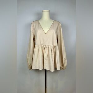 Fox & Gray Women’s V-Neck Blouse, Ivory/Beige, Bow Detail, Peplum, Size M